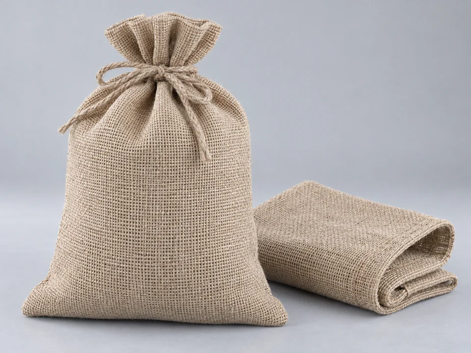 A tied jute sack beside a neatly folded sack on a pale background