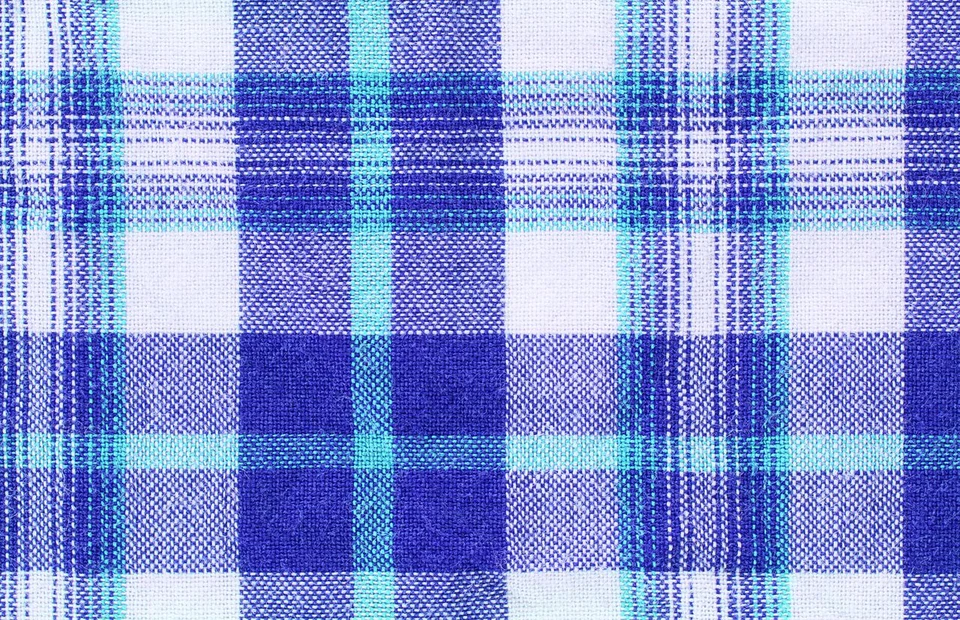 Blue and white yarn-dyed check fabric with interlaced colored threads